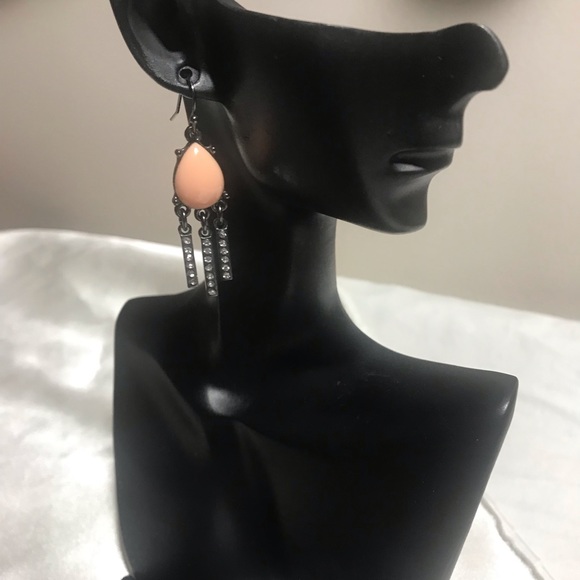 Fun & Classy Dark Silver Tone Drop Earrings with Peach Tear Drop Resin Gem. - Picture 6 of 6